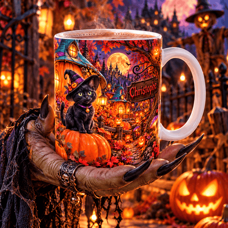 Mug Halloween Personnalisé Prénom – Chat Noir Sorcière, Village de Citrouilles et Pleine Lune 11 oz – photo 2