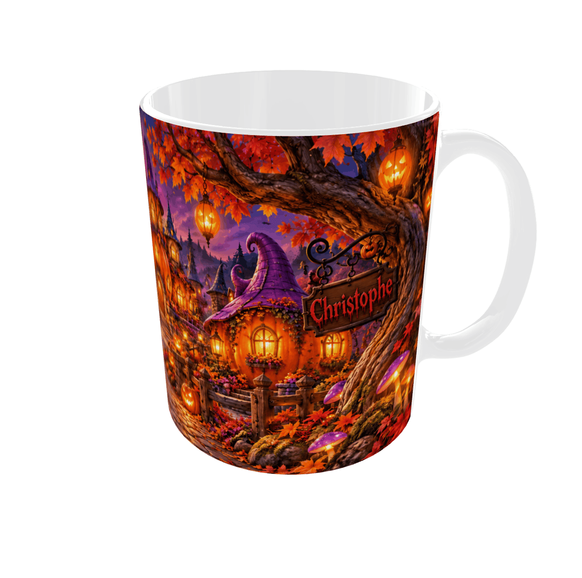 Mug Halloween Personnalisé Prénom – Chat Noir Sorcière, Village de Citrouilles et Pleine Lune 11 oz – vue côté anse droite