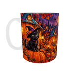 Mug Halloween Personnalisé Prénom – Chat Noir Sorcière, Village de Citrouilles et Pleine Lune 11 oz – vue côté anse gauche