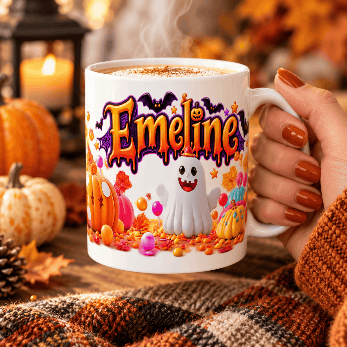 Mug Halloween Personnalisé Prénom – Fantôme Gourmand et Citrouilles Bonbon 11 oz Sublimation Store
