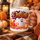 Mug Halloween Personnalisé Prénom – Fantôme Gourmand et Citrouilles Bonbon 11 oz Sublimation Store
