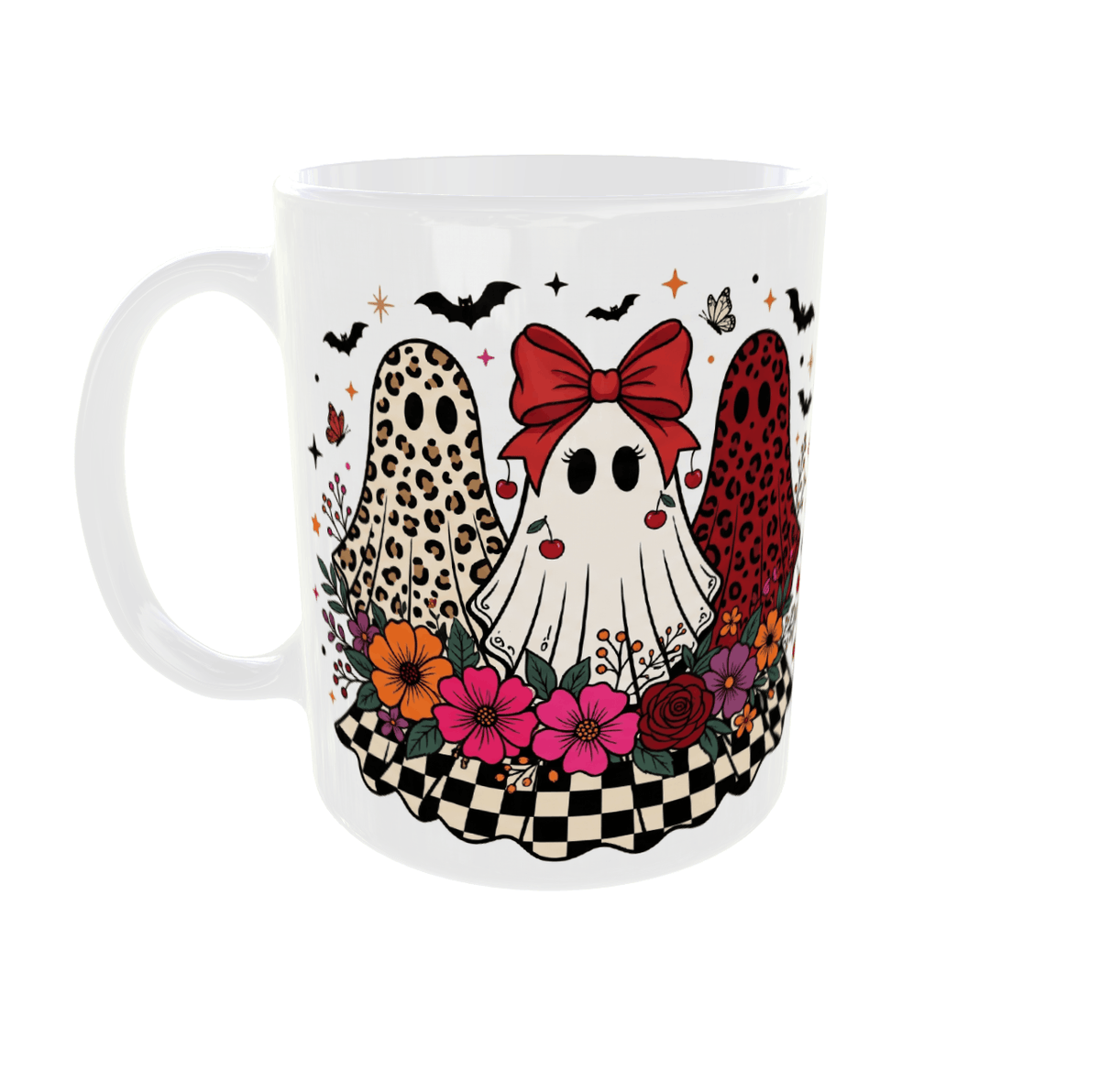 Mug Halloween trois fantômes léopard et nœud rouge, mug céramique blanc 11 oz, anse à gauche sur fond blanc