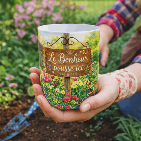 Mug jardinage le bonheur pousse ici tenu dans la main