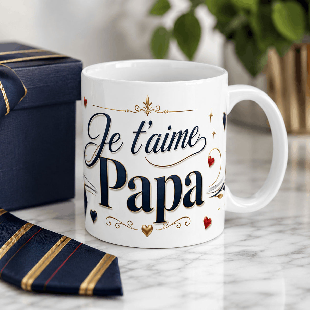 Mug Je t'aime Papa anse droite, design marine et or – cadeau papa élégant