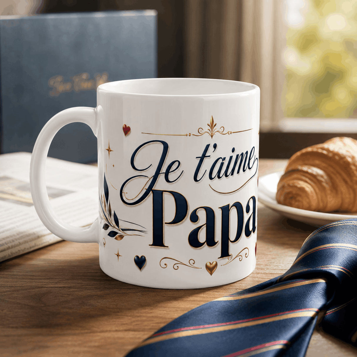 Mug Je t'aime Papa anse gauche avec cravate marine – idée cadeau Fête des Pères