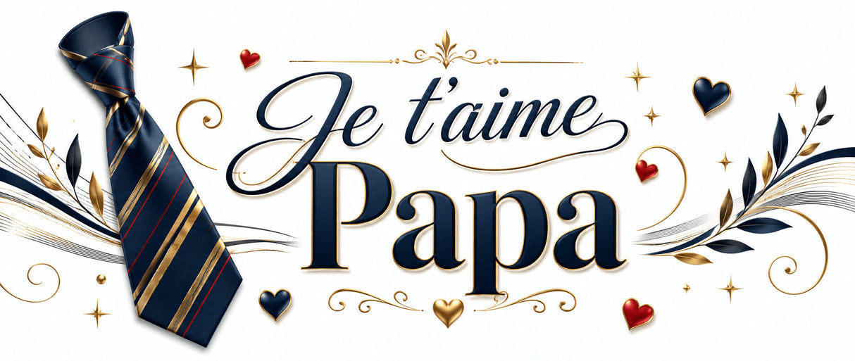 Design complet mug Je t'aime Papa – cravate marine, typographie or, cœurs rouges