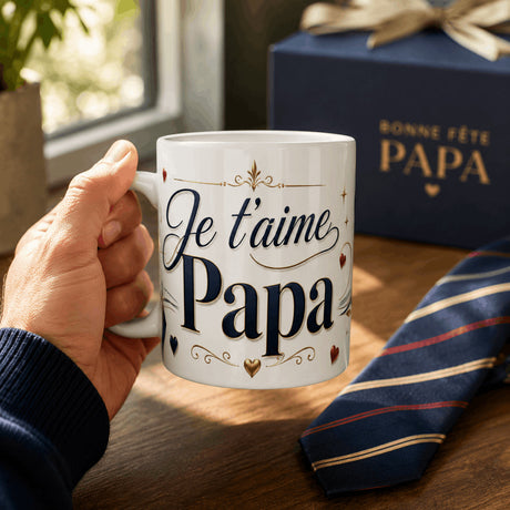 Main tenant le mug Je t'aime Papa – cadeau Fête des Pères fabriqué en France