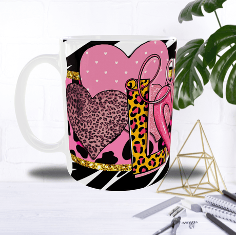 Mug Love Saint-Valentin – Cœurs Roses & Mot “LOVE” Glitter (Sublimation)