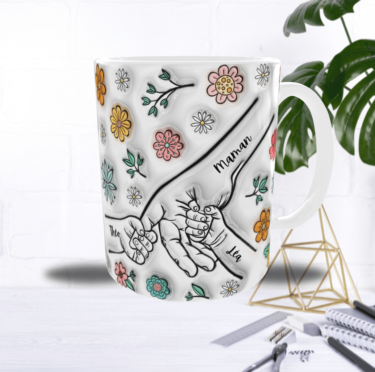 Mug Personnalisé “Main dans la Main” – Texte (Maman/Papa…) & 2 Prénoms au Choix – Sublimation Fleurie