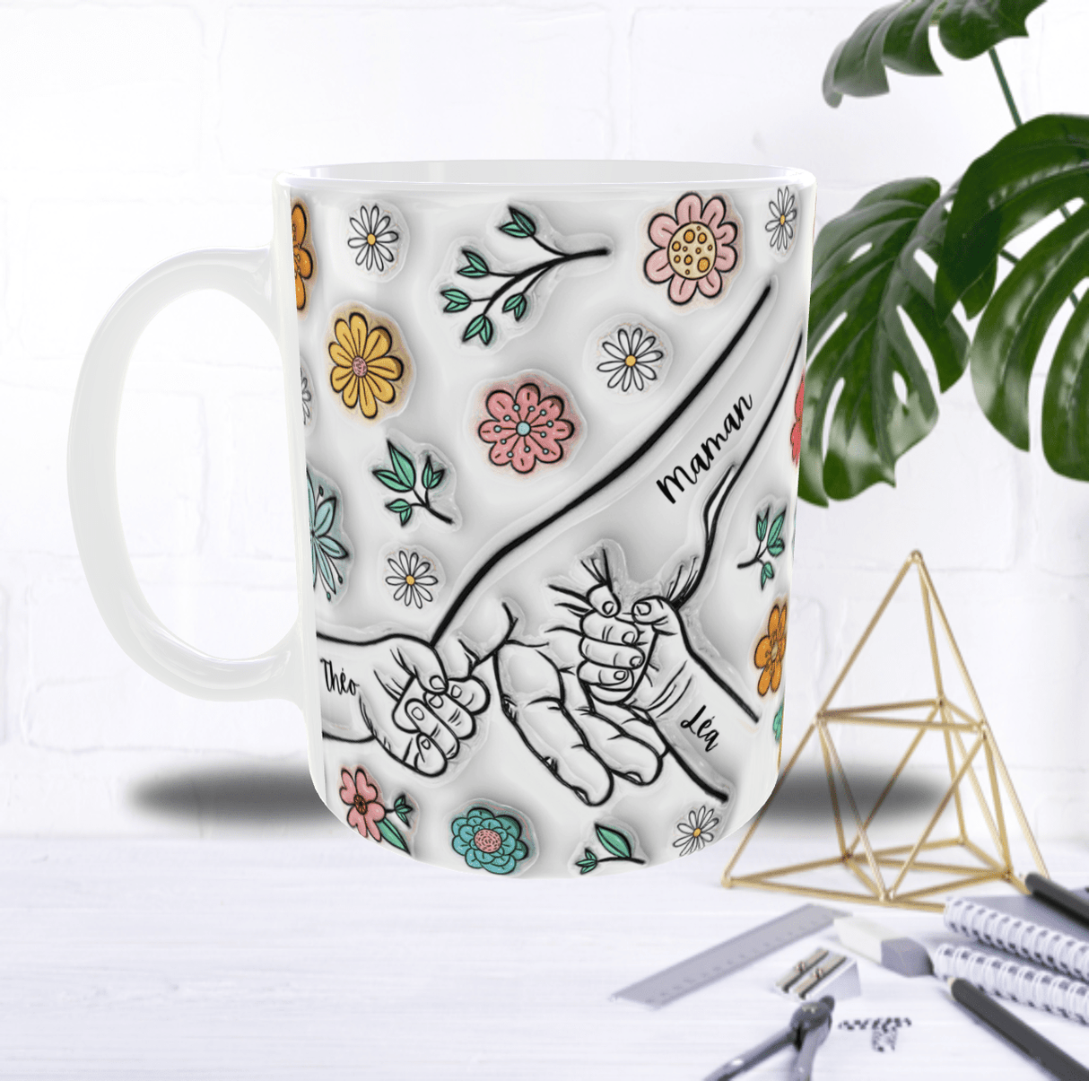 Mug Personnalisé “Main dans la Main” – Texte (Maman/Papa…) & 2 Prénoms au Choix – Sublimation Fleurie