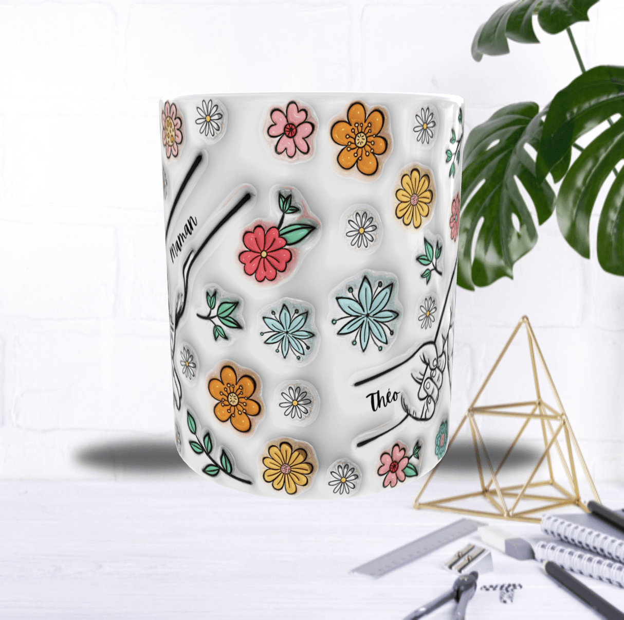Mug Personnalisé “Main dans la Main” – Texte (Maman/Papa…) & Prénom au Choix – Sublimation Fleurie