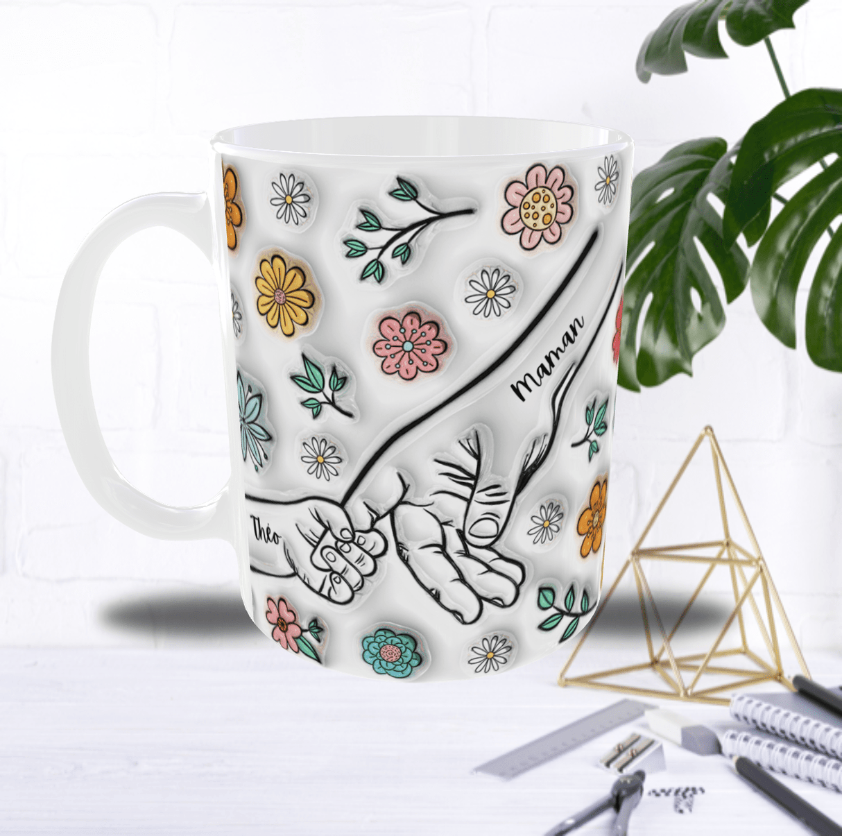 Mug Personnalisé “Main dans la Main” – Texte (Maman/Papa…) & Prénom au Choix – Sublimation Fleurie