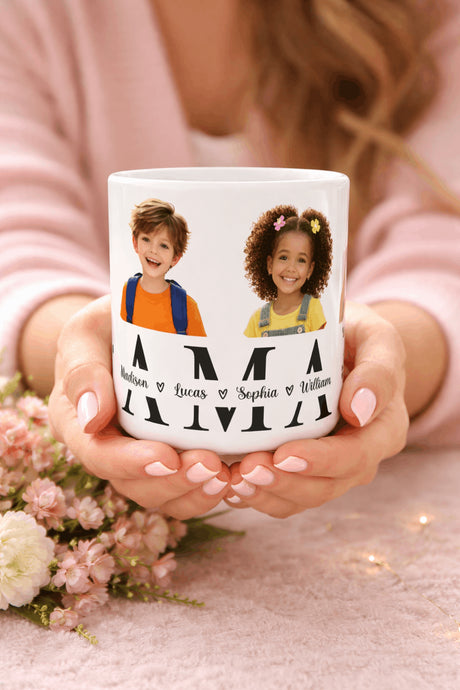 mug maman personnalise avec photos tenu en main cadeau fete des meres