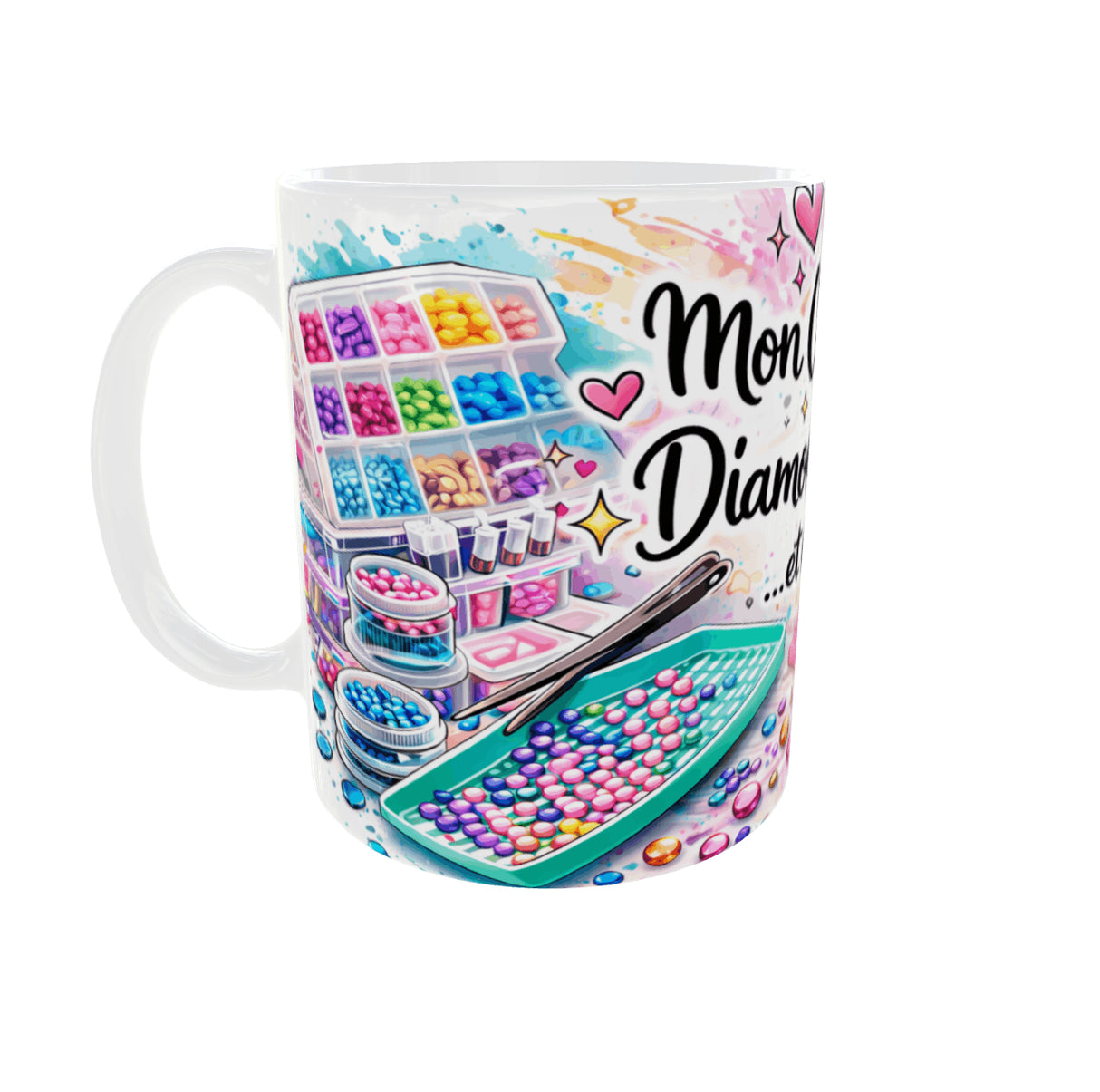 Mug mon café mon diamond painting tenu dans la main