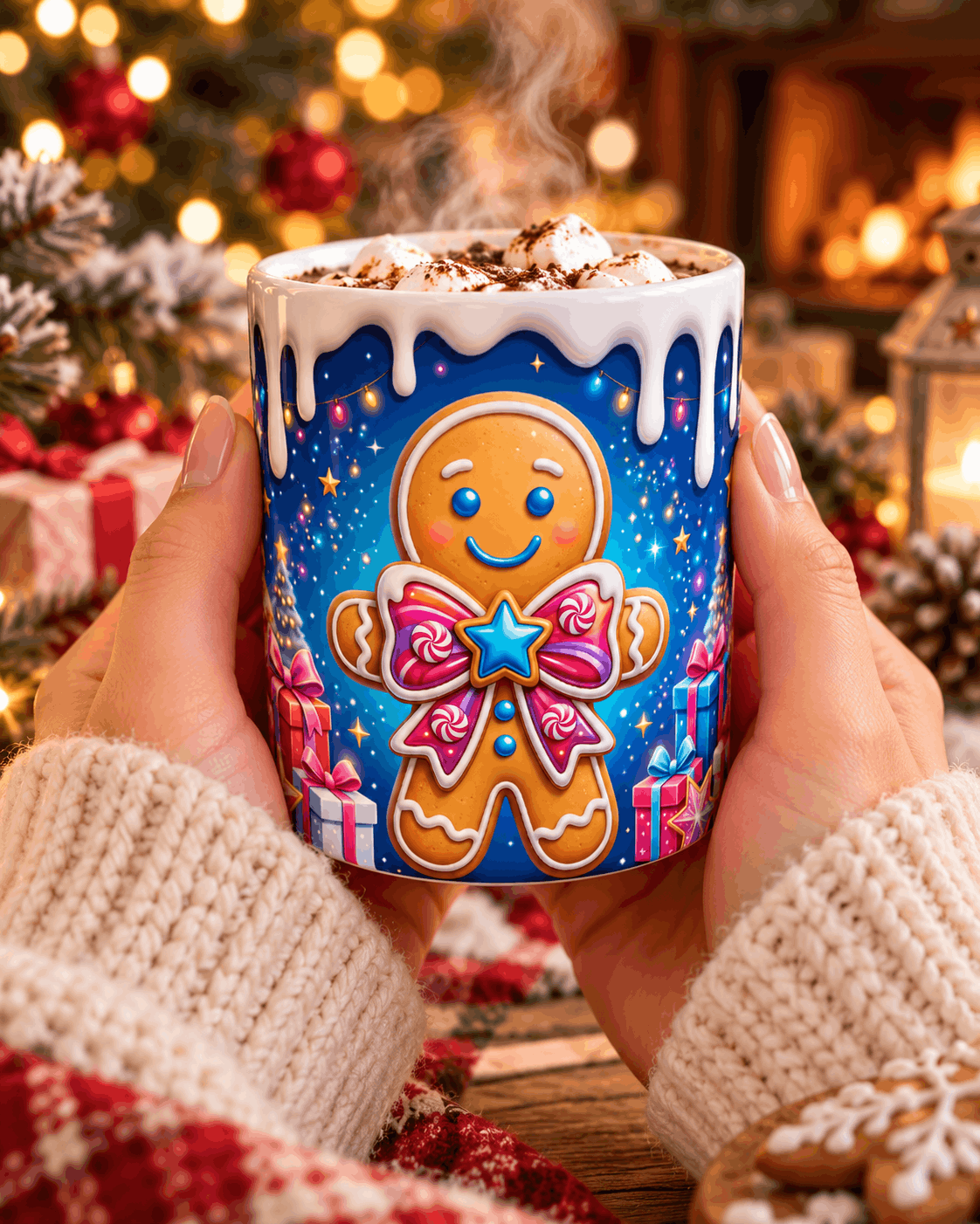 Mains tenant le mug de Noël bonhomme pain d'épices rempli de chocolat chaud et guimauves, devant le sapin et la cheminée