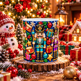 Mug casse-noisettes posé sur une rondelle de bois, avec bonhomme de neige, cadeaux et cannes en sucre