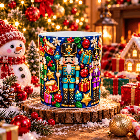 Mug casse-noisettes posé sur une rondelle de bois, avec bonhomme de neige, cadeaux et cannes en sucre