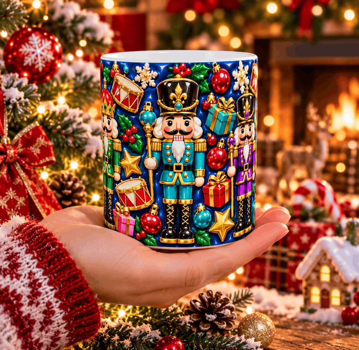 Mug casse-noisettes tenu dans la main devant un sapin illuminé et une cheminée
