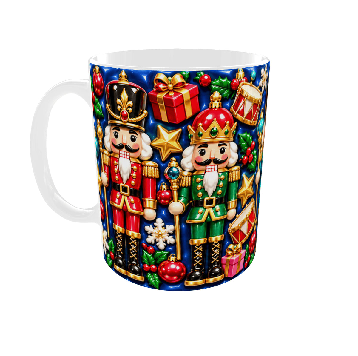 Mug de Noël casse-noisettes rouge et vert, effet 3D gonflé sur fond bleu roi, vue anse à gauche