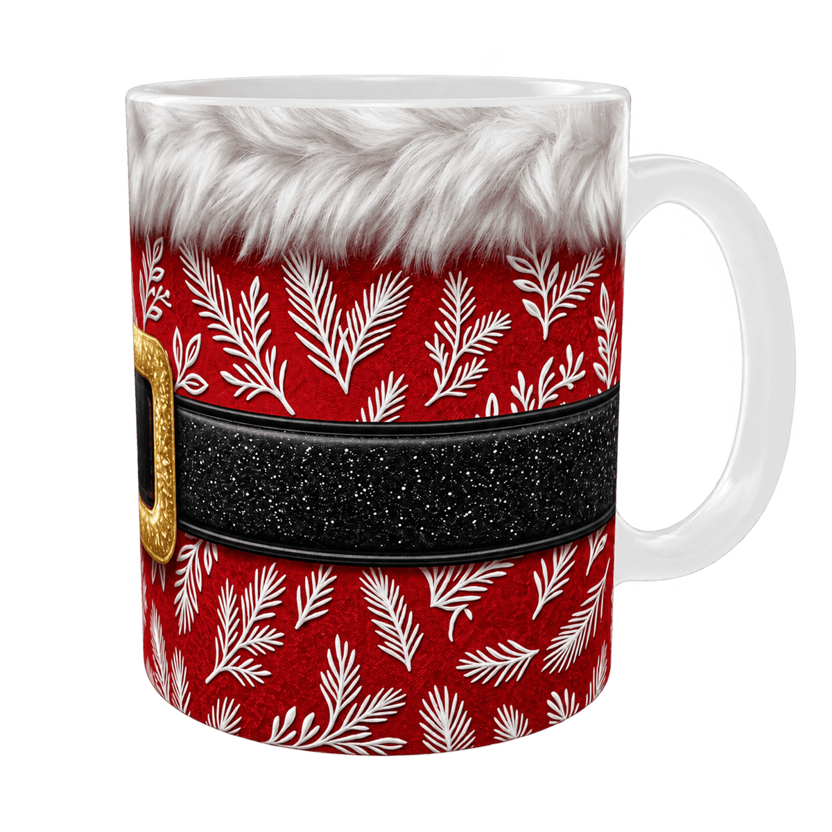 Mug de Noël ceinturon noir pailleté et fourrure blanche effet 3D, mug céramique blanc 11 oz, anse à droite
