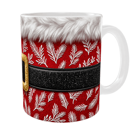 Mug de Noël ceinturon noir pailleté et fourrure blanche effet 3D, mug céramique blanc 11 oz, anse à droite