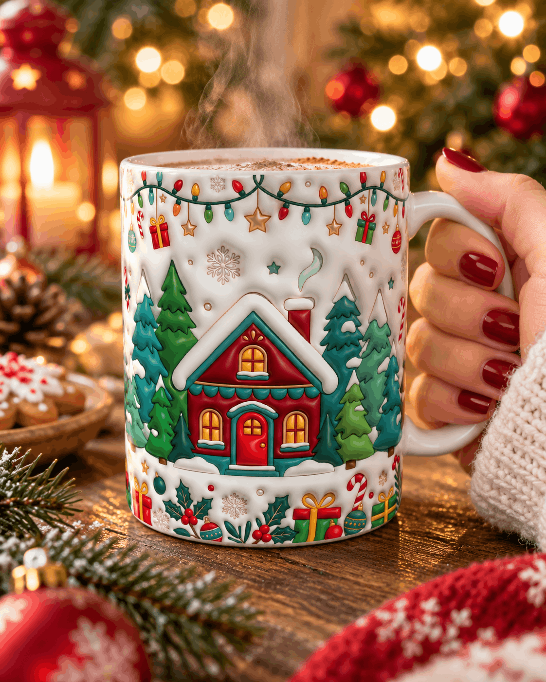 Main tenant le mug de Noël chalet enneigé effet 3D rempli de chocolat chaud fumant, devant le sapin illuminé
