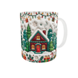 Mug de Noël chalet rouge aux fenêtres illuminées et sapins enneigés effet 3D, mug céramique blanc 11 oz, anse à droite