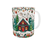 Mug de Noël chalet rouge aux fenêtres illuminées et sapins enneigés effet 3D, mug céramique blanc 11 oz, anse à droite