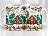 Deux vues du mug de Noël chalet rouge sous la neige, forêt de sapins, houx et cadeaux en effet 3D matelassé recto verso