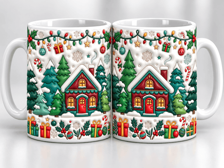 Deux vues du mug de Noël chalet rouge sous la neige, forêt de sapins, houx et cadeaux en effet 3D matelassé recto verso