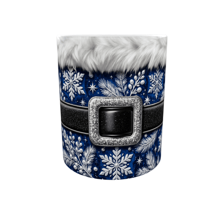 Mug de Noël bleu et argent en céramique, costume du Père Noël avec fourrure blanche, flocons et boucle argentée
