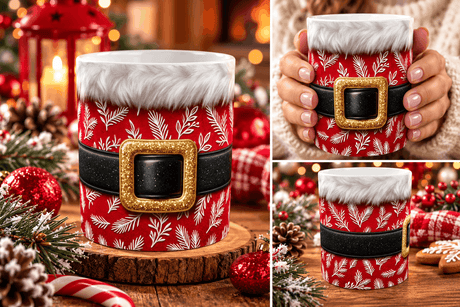 Trois mises en situation du mug costume du Père Noël : sur rondin de bois, tenu à deux mains et sur table de Noël