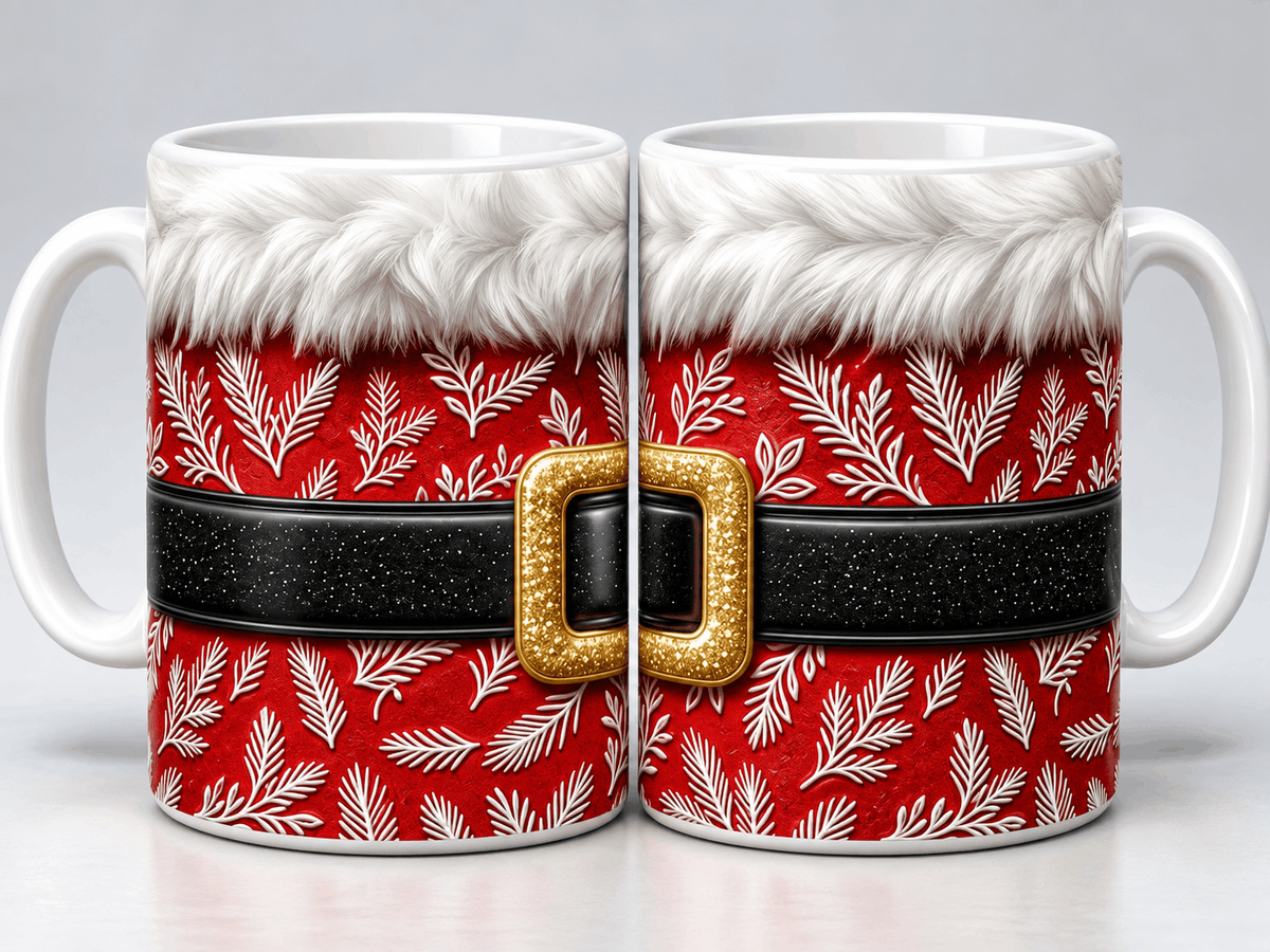 Deux vues du mug de Noël costume du Père Noël formant la boucle dorée, fourrure blanche et velours rouge recto verso
