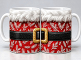Deux vues du mug de Noël costume du Père Noël formant la boucle dorée, fourrure blanche et velours rouge recto verso