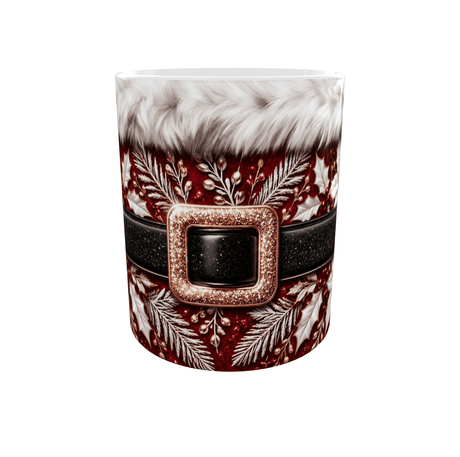 Mug de Noël rouge et or rose en céramique, costume du Père Noël avec fourrure blanche et ceinture noire pailletée