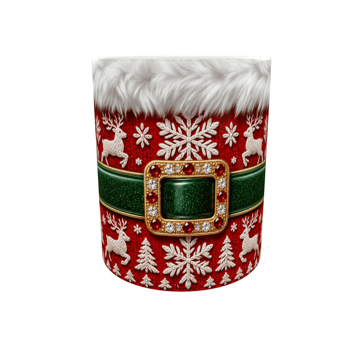 Mug de Noël rouge tricot et rennes en céramique, costume du Père Noël avec ceinture verte et boucle à cristaux