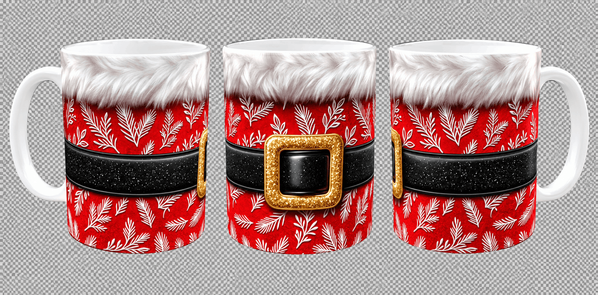 Trois vues du mug de Noël costume du Père Noël : anse à gauche, boucle dorée de face et anse à droite