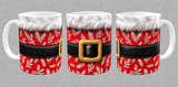 Trois vues du mug de Noël costume du Père Noël : anse à gauche, boucle dorée de face et anse à droite