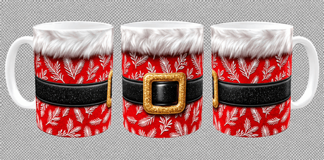 Trois vues du mug de Noël costume du Père Noël : anse à gauche, boucle dorée de face et anse à droite