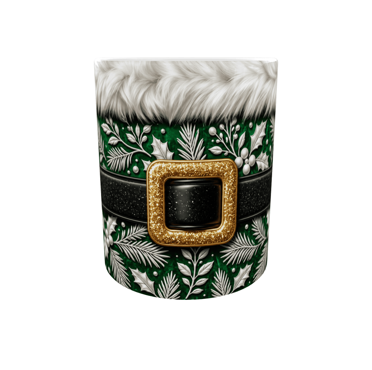 Mug de Noël vert et doré en céramique, costume du Père Noël avec fourrure blanche et ceinture noire à boucle dorée