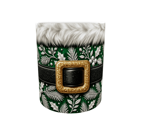 Mug de Noël vert et doré en céramique, costume du Père Noël avec fourrure blanche et ceinture noire à boucle dorée