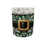 Mug de Noël vert et doré en céramique, costume du Père Noël avec fourrure blanche et ceinture noire à boucle dorée