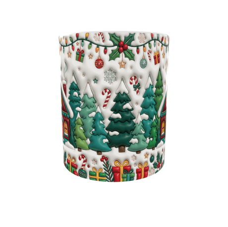 Mug de Noël forêt de sapins enneigés, sucres d'orge, houx et guirlande lumineuse effet 3D, vue de face du mug céramique