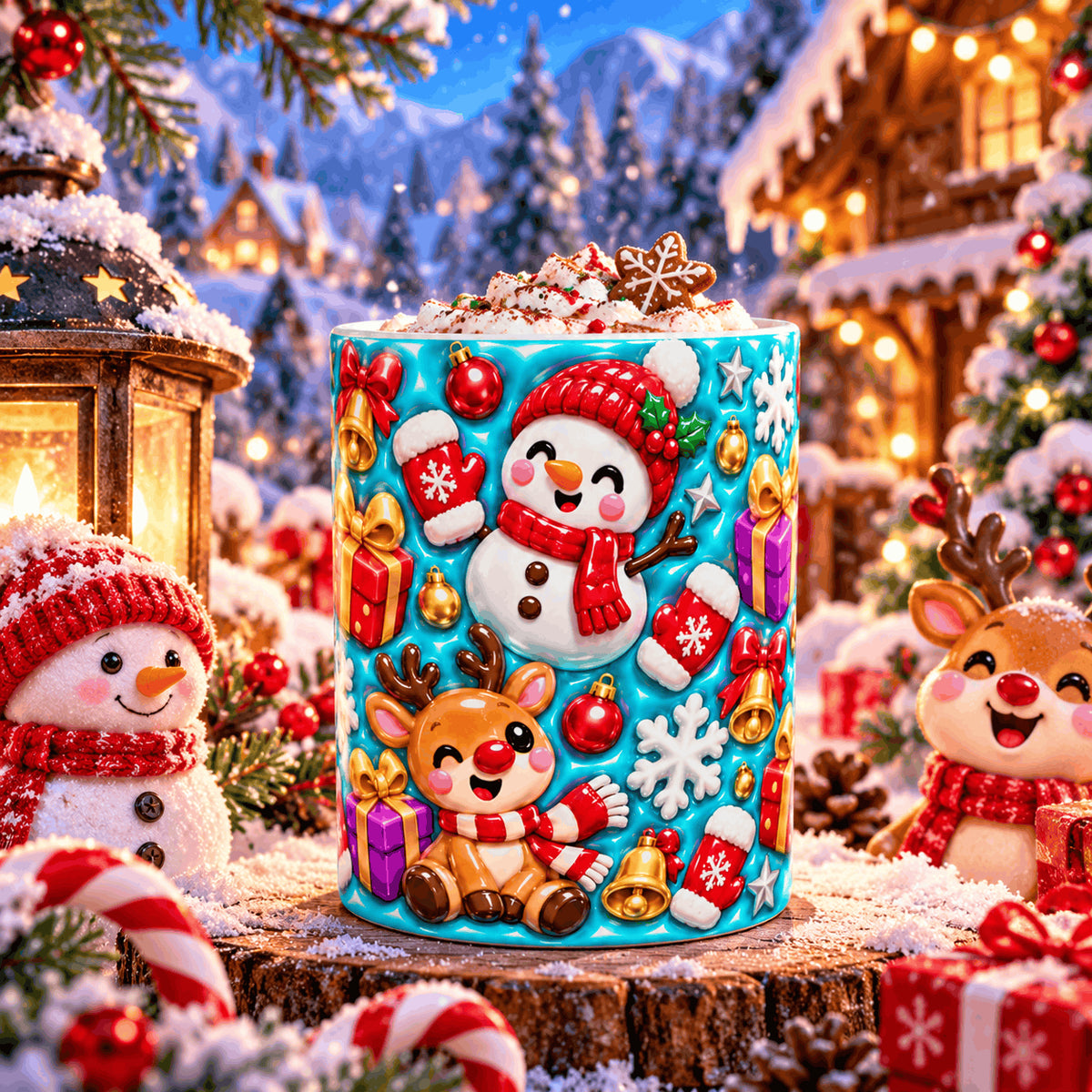 Mug de Noël kawaii rempli de chocolat chaud et de chantilly, posé sur un rondin enneigé entre des cannes en sucre et des peluches