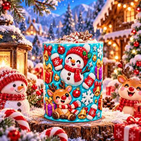 Mug de Noël kawaii rempli de chocolat chaud et de chantilly, posé sur un rondin enneigé entre des cannes en sucre et des peluches