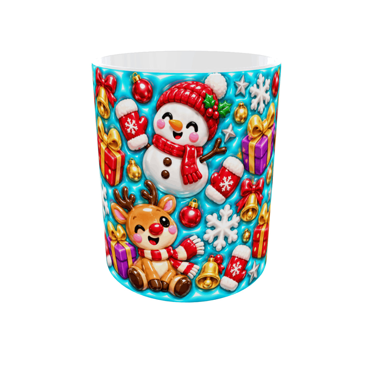 Mug de Noël kawaii vue de face : bonhomme de neige au bonnet rouge, renne assis, moufles, flocons et boules de Noël sur fond turquoise