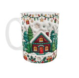 Mug de Noël maison sous la neige, guirlande lumineuse et cadeaux effet 3D matelassé, mug céramique 11 oz, anse à gauche