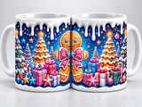 Deux vues du mug de Noël pain d'épices : bonhomme au nœud rose, sapins en biscuit glacé et cadeaux colorés recto verso
