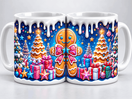 Deux vues du mug de Noël pain d'épices : bonhomme au nœud rose, sapins en biscuit glacé et cadeaux colorés recto verso