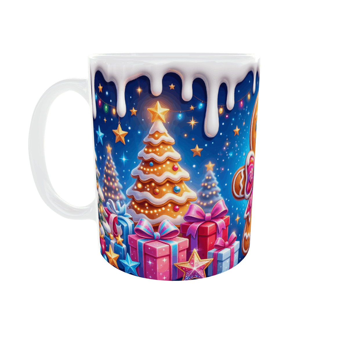 Mug de Noël sapins en biscuit glacé, paquets cadeaux roses et étoiles pailletées, mug céramique 11 oz, anse à gauche